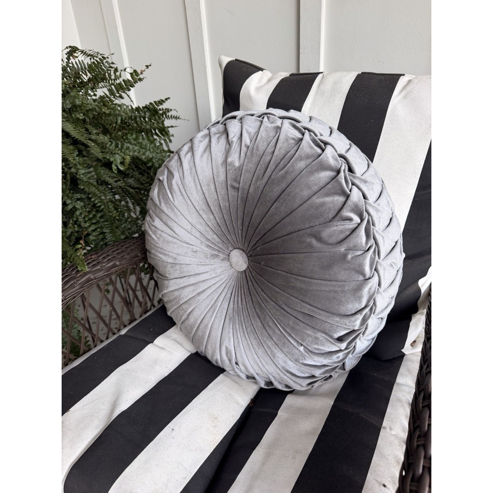 Round Gray Velvet Throw Pillow 19" Pleated Tufted Braided Accent Pillow